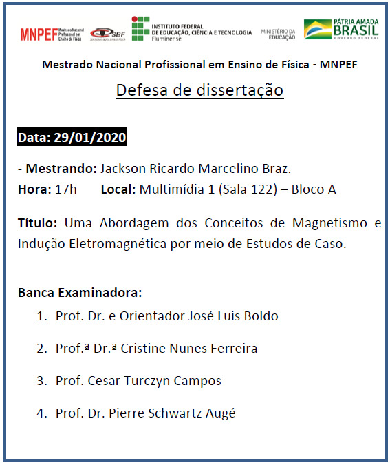 Defesa de Dissertação => Uma Abordagem dos Conceitos de Madnetismo e Indução Eletromagnética por meio de Estudos de Casos