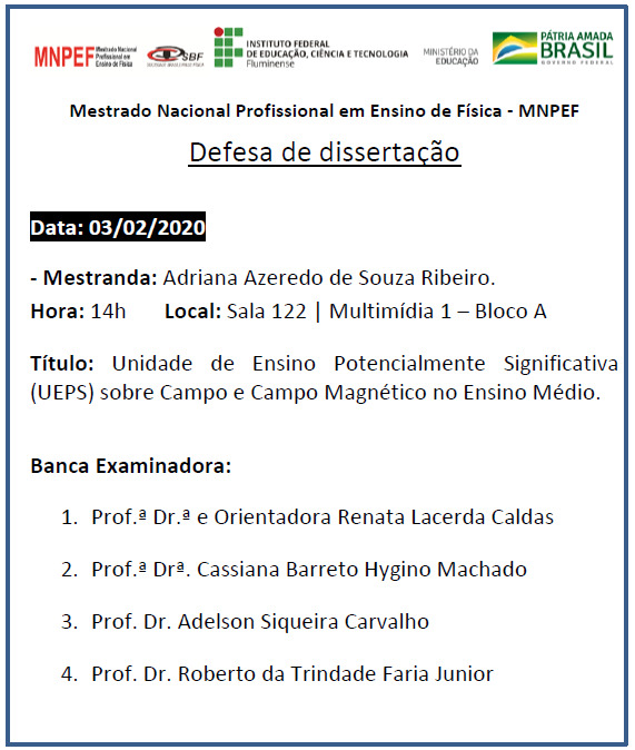 Defesa de Dissertação => Unidade de Ensino Potencialmente Significativa (UEPS) sobre Campo e Campo Magnético no Ensino Médio